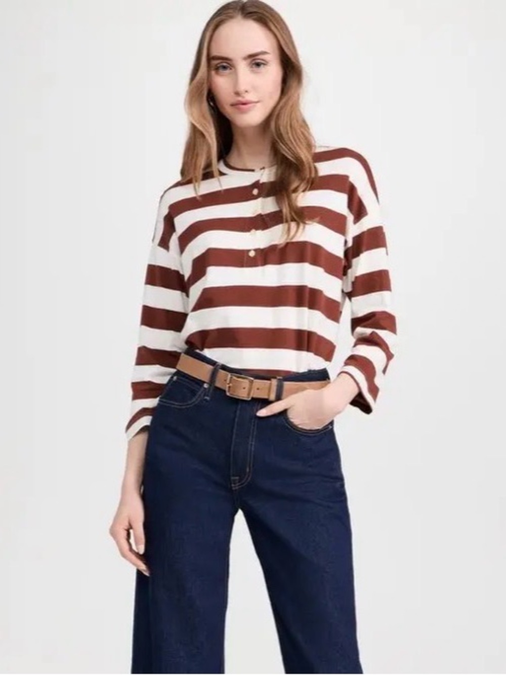 The Great Size 3 (US L) Brown Cream Striped Cotton Henley Top